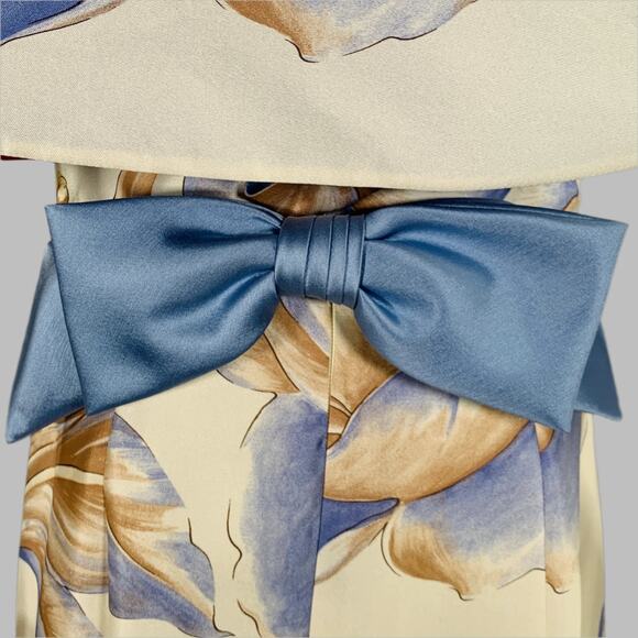 RIZIK BROS. Size 6 Cream Blue Tan Silk Floral Shawl Strapless Gown - Picture 5 of 10
